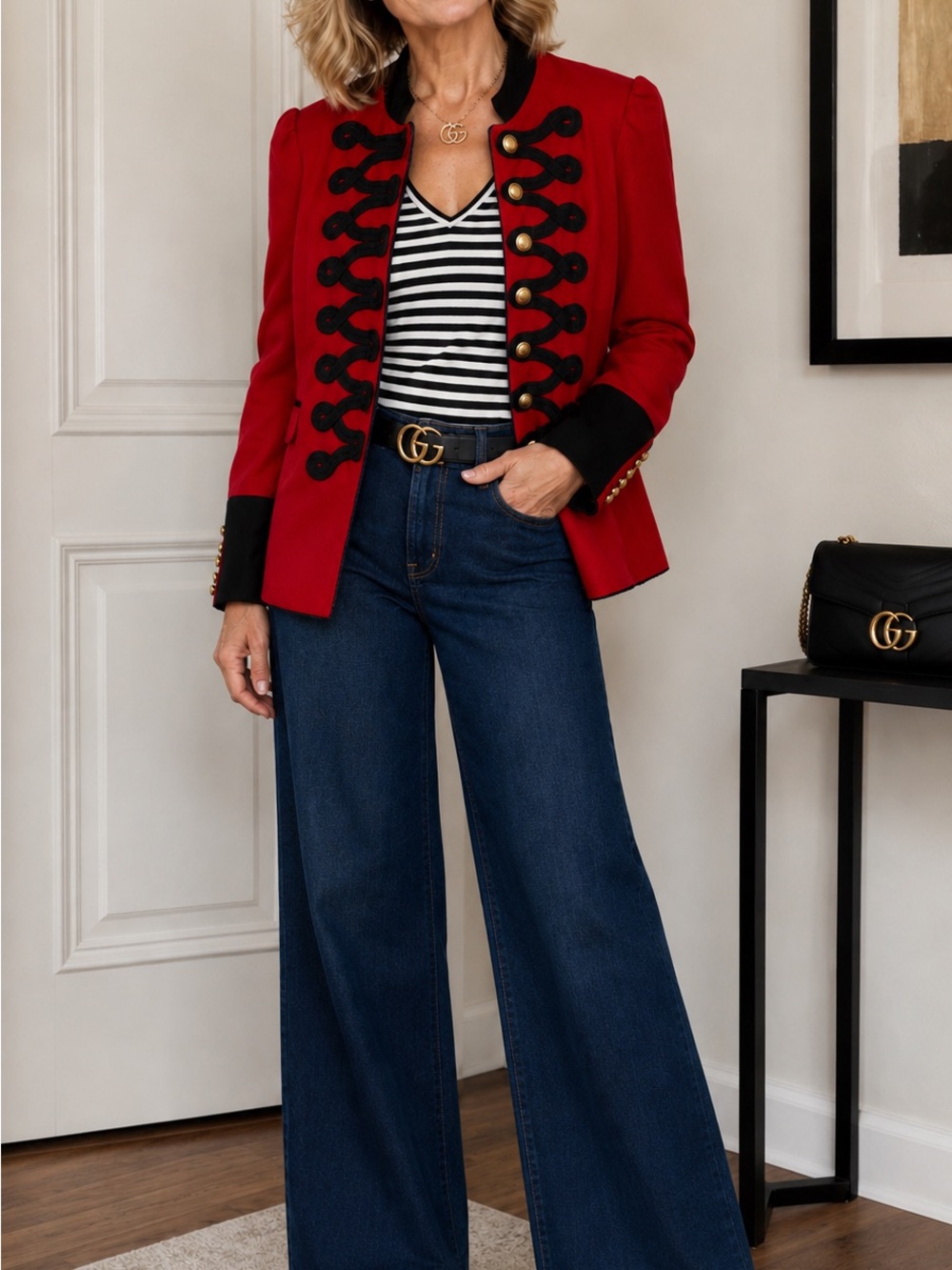 Red Military-Style Jacket with Black Trim